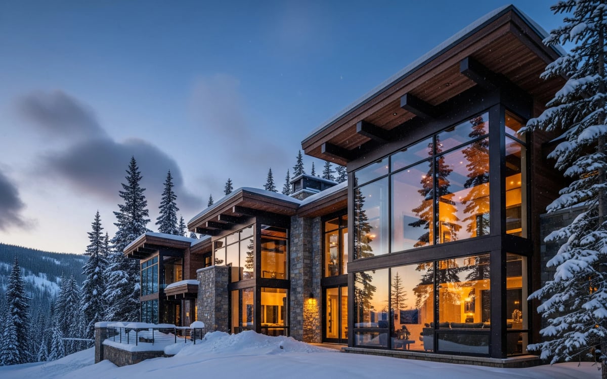 Modern glass custom home near Blue Mountain in winter