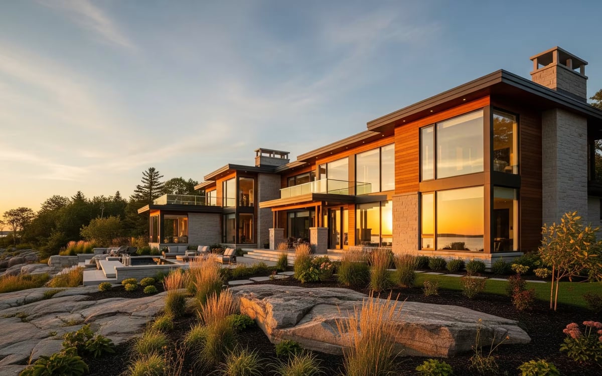 Modern custom home on Georgian Bay at sunset